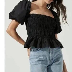 Astr The Label Black Bubble Sleeve Smocked Top XL